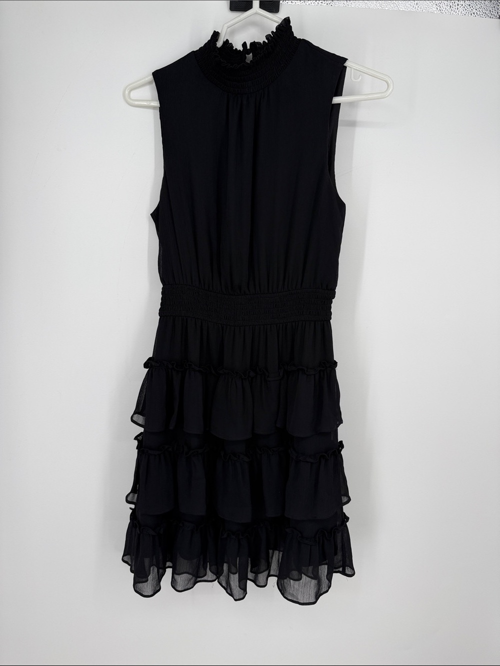 Express Mock Neck Sleeveless Black Ruffle Tiered Dress with Smocked Waist XS